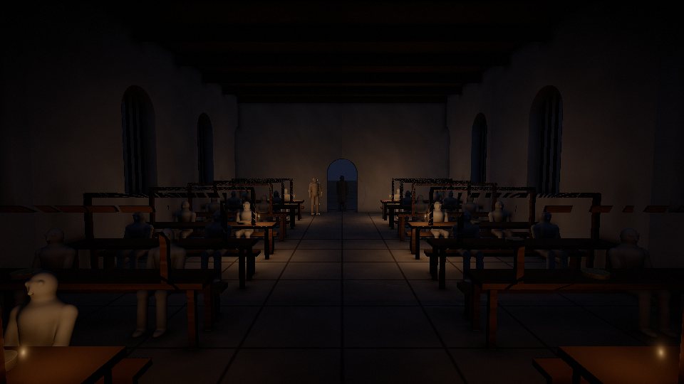 L'atelier, long parallélogramme, métiers et statues de détenus