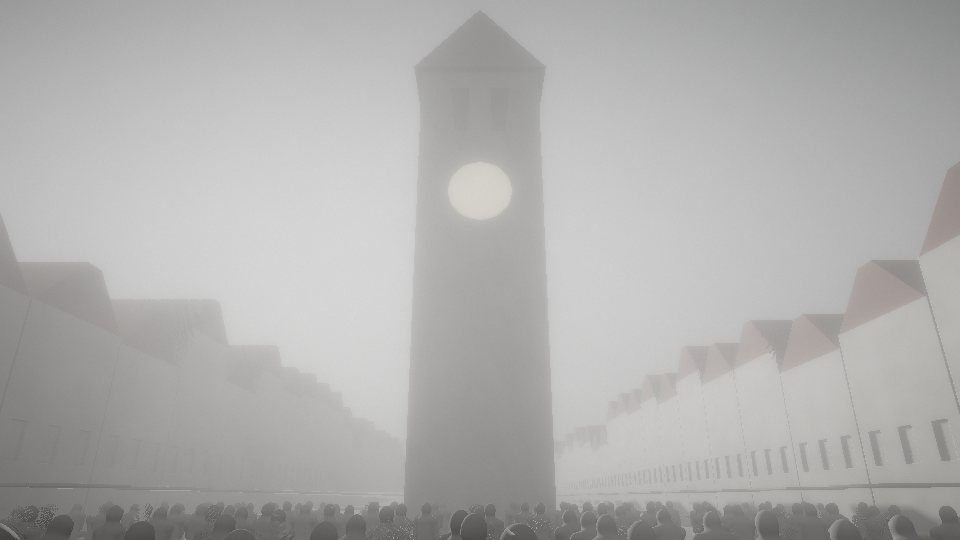 La place de Troyes un jour de marché, le beffroi dans la brume